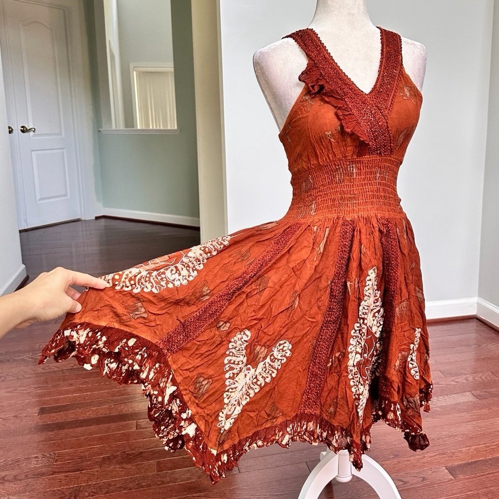 NWT Colors of India Rust Orange Boho Print Ruched Waist Ruffled Hem Midi Dress